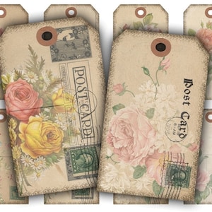 DIGITAL Floral Postcard Tags Digital Collage Sheet Download - 201 - Digital Paper - Instant Download Printables