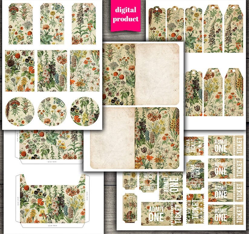 DIGITAL Vintage Botanical Junk Journal Kit - Printable Vintage Floral ...