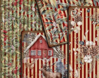 DIGITAL Digital Vintage Christmas Red Stripes Paper Download - VBM2345