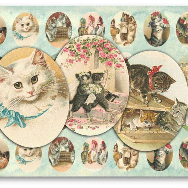 DIGITAL Victorian Cats 30 x 40mm Ovales pour pendentifs bijoux - Digital Collage Sheet Télécharger -878- Instant Download Printables