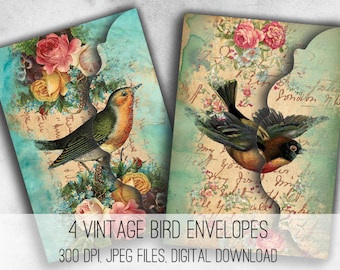 DIGITAL Vintage Birds Envelopes Digital Collage Sheet Download - 1034- Digital Paper - Instant Download Printables