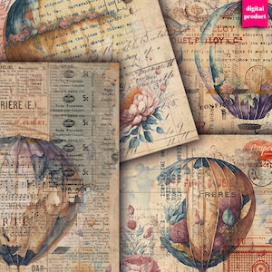 DIGITALE Vintage Travel Ephemera - Afdrukbare Hot Air Balloon paper Download - Grunge Postal Junk Journal Kit - VBM2947