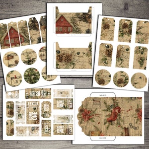 Digital Vintage Christmas Digital Junk Journal Kit - Etichette regalo di Natale stampabili, busta, tasche, cerchi & biglietti - VBM2346