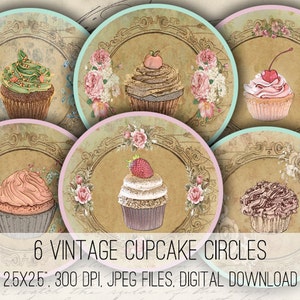 DIGITAL Vintage Cupcakes 2,5 Zoll Kreise für SchmuckAnhänger - Digital Collage Sheet Download -1116- Instant Download Printables