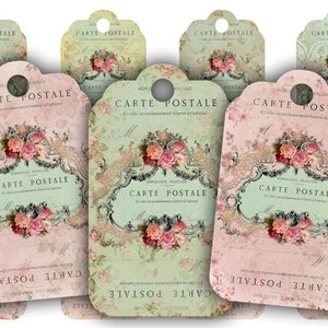 DIGITAL Floral Carte Postale Tags Digital Collage Sheet Download - 490 - Digital Paper - Instant Download Printables