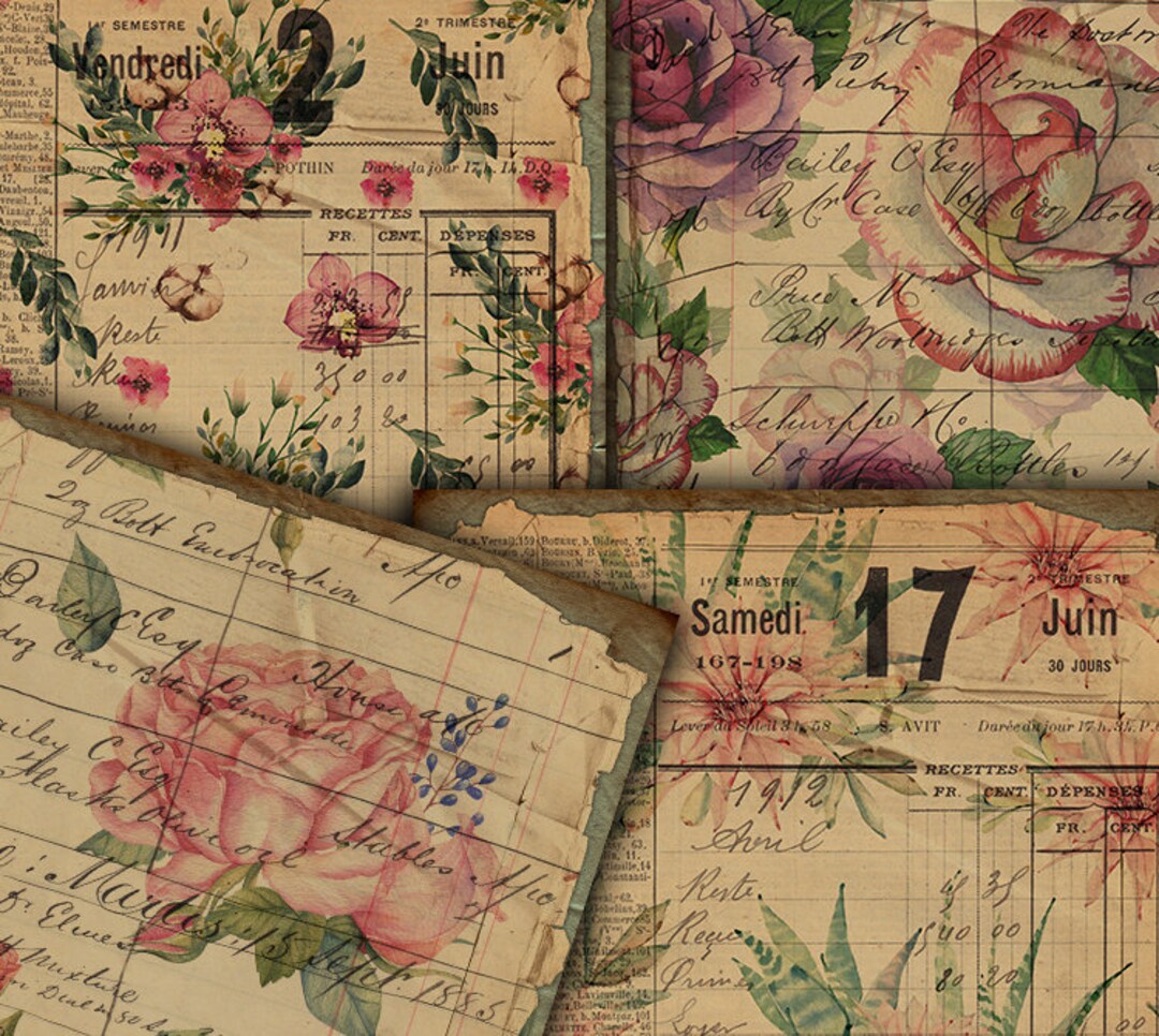 DIGITAL Vintage Floral Digital Papers - Printable Junk Journal