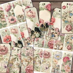 Etiquetas para presente de gato imprimíveis Etiquetas florais digitais para presentes Plantas vintage Rosas Flores digitais Junk Journal Kit Download - VBM2926