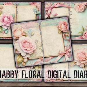 Cyfrowy pamiętnik, dziennik kobiet, dziennik Vintage Floral Junk, Shabby Roses, cyfrowy papier kwiatowy, drukowany pamiętnik, pobieranie plików PDF - VBM3329