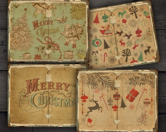 Könnte beinhalten: Vier Vintage-Weihnachtskarten mit verschiedenen Designs. Die erste Karte hat einen grünen Hintergrund mit einem Weihnachtsbaum, dem Weihnachtsmann und dem Text "Frohe Weihnachten". Die zweite Karte hat einen braunen Hintergrund mit einem Muster aus Weihnachtsbäumen, Kugeln und Schneeflocken. Die dritte Karte hat einen beigefarbenen Hintergrund mit dem Text "Frohe Weihnachten" in einer dekorativen Schriftart. Die vierte Karte hat einen braunen Hintergrund mit einem Muster aus Kiefernästen, Kugeln und Schneeflocken.