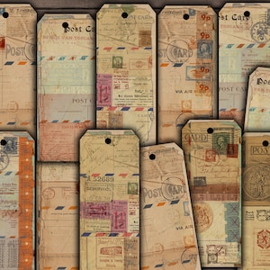Etiquetas de efímera postal grunge, etiquetas de regalo vintage imprimibles, descarga de tarjetas vintage, sellos postales, etiquetas de regalo de viaje - VBM3256