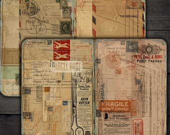 May include: A collage of vintage postcards and airmail envelopes with stamps, handwriting, and various printed ephemera. The design features the words "POST CARD", "PARCEL POST", and "AIR MAIL". The overall aesthetic is aged and antique.