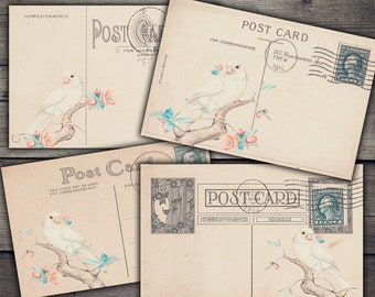 DIGITAL Vintage Postcards with Birds - Digital Collage Sheet Download - Digital Papers