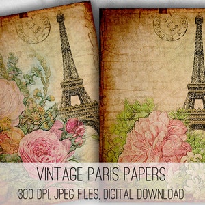 Vintage Paris Digital Collage Sheet: Eiffel Tower & Flowers (Digital Download)
