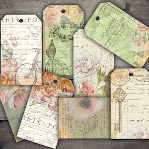 CYFROWE Vintage Floral Ephemera Tags Digital Collage Sheet Pobierz - VMB1522