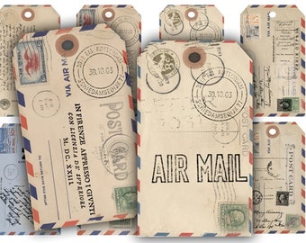 Air Mail Gift Tags , Postal Cards, Digital Collage Sheet, Vintage Postal Digital Paper, Junk Journal Printable - VBM205