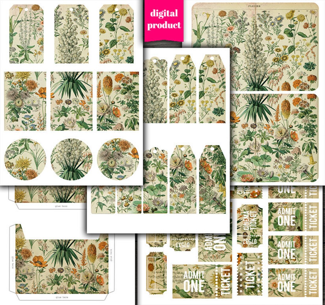 DIGITAL Vintage Botanical Junk Journal Kit - Printable Vintage Floral ...