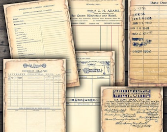 DIGITAL Shabby Vintage Ephemera - Livros, certificados e cartões de biblioteca para impressão - Download de folha de colagem digital