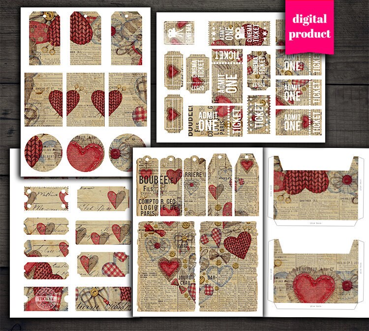 Vintage Valentines Junk Journal Kit,Printable Digital Collage Pages