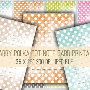 Peut inclure: Huit cartes de v&oelig;ux imprimables avec un motif de pois &agrave; pois shabby chic dans diff&eacute;rentes couleurs. Chaque carte mesure 8,9 cm sur 6,4 cm et a une r&eacute;solution de 300 DPI. Les cartes sont parfaites pour ajouter une touche de charme vintage &agrave; votre correspondance.