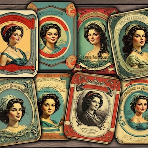Etiquetas retrô vintage, cartões ATC digitais vintage, etiquetas francesas imprimíveis, senhoras vintage, suprimentos de diário lixo digital - VBM3312