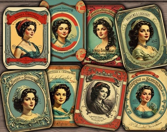 Vintage Retro Labels, Digital Vintage ATC Cards, Printable French Labels, Vintage Ladies, Digital Junk Journal Supplies - VBM3312