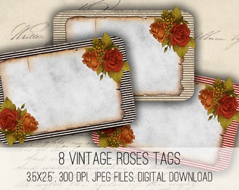 Digital Images - Digital Collage Sheet Download - Vintage Roses Journaling Cards -  1128  - Digital Paper - Instant Download Printables