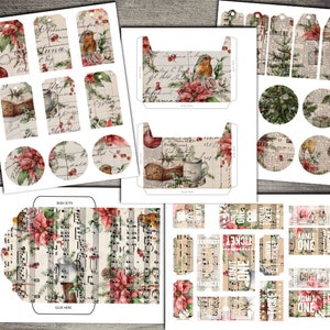 Cyfrowy Vintage Christmas Digital Junk Journal Kit - drukowane etykiety na prezenty świąteczne, koperty, kieszonki, kółka i bilety - VBM2347