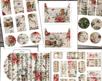Kit per junk journal natalizio vintage: etichette, buste e biglietti stampabili (download digitale)