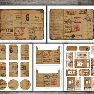 DIGITAL Vintage Travel Ephemera Digital Junk Journal Kit - Páginas imprimibles, bolsillos, etiquetas, círculos y boletos - VBM2284