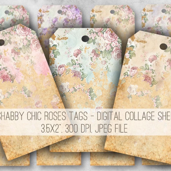 DIGITAL Shabby Chic Roses Tags Digital Collage Sheet Download - 970 - Digital Paper - Instant Download Printables