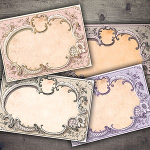 以下が含まれることがあります： ピンク、パープル、グレーの装飾的な縁取りが施された、ヴィンテージスタイルの印刷可能なフレームが4つあります。フレームは空白で、テキストや画像でカスタマイズする準備ができています。