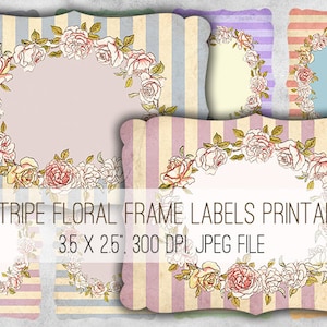 Floral Frame Stripe Labels: Printable Digital Collage Sheet (Digital Download)