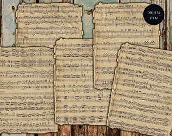 May include: Five sheets of vintage music paper with torn edges. The paper is yellowed and has a faded appearance. The music notes are printed in black ink.