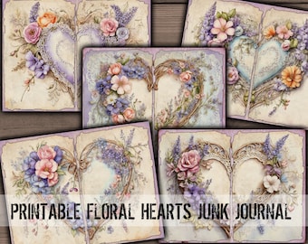 Printable Floral Junk Journal Download, Floral Hearts, Digital Floral Paper, Book Covers, Floral Junk Journal Kit Download - VBM3322