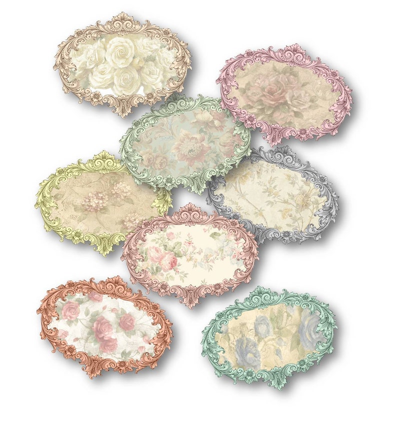 Pu&ograve; includere: Nove cornici ovali con bordi decorati in oro, argento e colori pastello. Ogni cornice presenta un diverso motivo floreale con rose e foglie delicate.