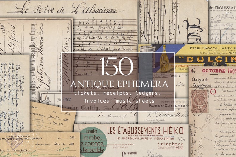 May include: A collage of 150 antique ephemera, including tickets, receipts, ledgers, invoices, and music sheets. The ephemera is in various shades of brown, white, and black with handwritten text in French.