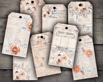 Etiquetas digitales de efímeros florales vintage, hoja de collage digital para descargar