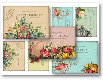 DIGITAL Floral French Carte Postale Digital Collage Sheet Download -  42  - Digital Paper - Instant Download Printables