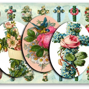 DIGITAL Cross and Roses 30 x 40mm Ovals for Jewelry Hangers - Digital Collage Sheet Download -876- Instant Download Printables