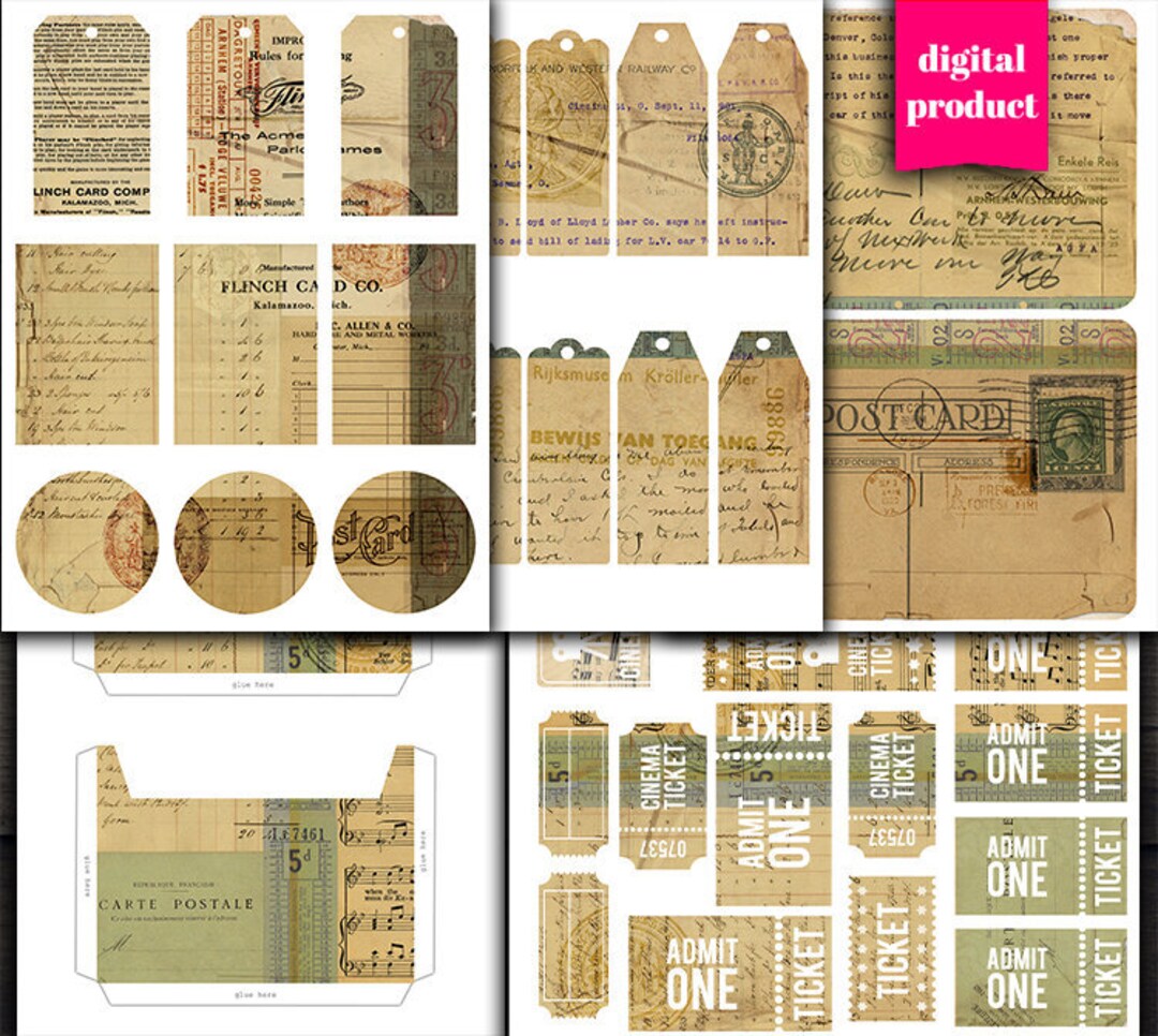 DIGITAL Vintage Ephemera Junk Journal Kit - Printable Grunge Ephemera ...