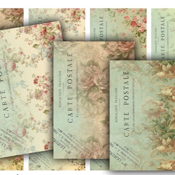 DIGITAL Floral Carte Postale Tags - Digital Collage Sheet Download - 400 - Digital Paper - Instant Download Printables