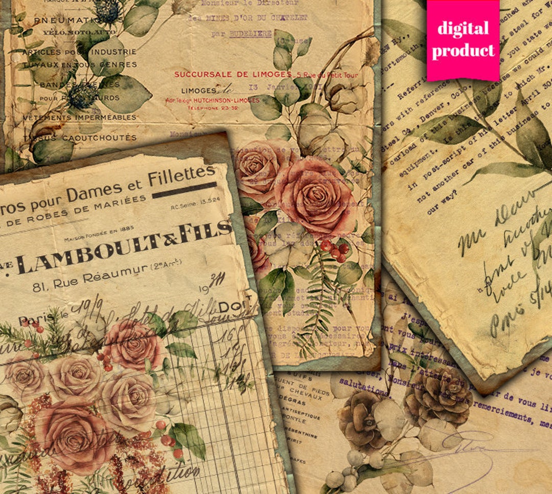 DIGITAL Vintage Botanical Junk Journal Ephemera - Printable Grunge ...