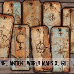 Grunge alte Weltkarten, digitale Grunge Geschenkanhänger, Vintage Kompass, druckbare Reise Ephemera Junk Journal Kit Download - VBM3326