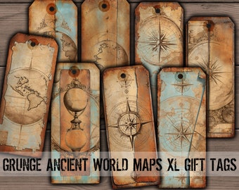 Grunge Ancient World Maps, Digital Grunge Gift Tags, Vintage Compass, Printable Travel Ephemera Junk Journal Kit Download - VBM3326