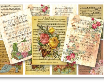 DIGITAL Floral Music Sheet Tags Digital Collage Sheet Download - 210 - Digital Paper - Instant Download Printables