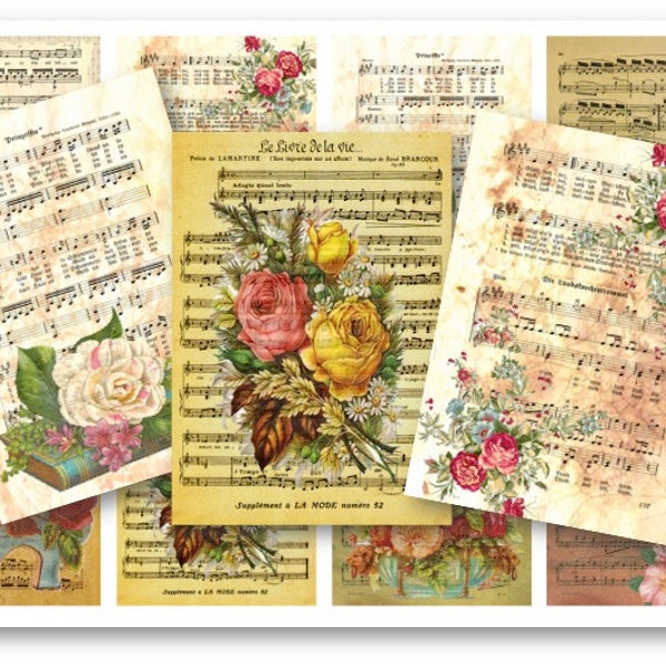 DIGITAL Floral Music Sheet Tags Digital Collage Sheet Download - 210 - Digital Paper - Instant Download Printables