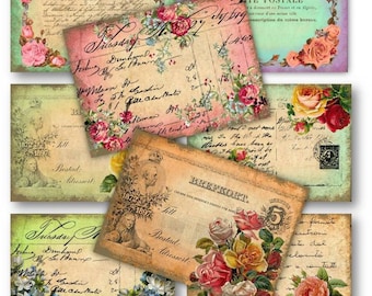 DIGITAL Vintage Roses Postcards Digital Collage Sheet Download - 158 - Digital Paper - Instant Download Printables
