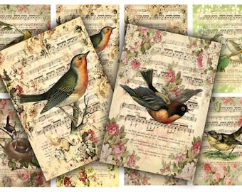 DIGITAL Bird Music Sheet Tags Digital Collage Sheet Download - 403 - Digital Paper - Instant Download Printables