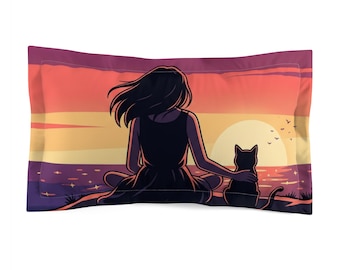 Girl and Cat Sunset Beach Pillow Sham | Sunset Illustration Microfiber Pillowcase
