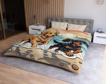 Funda nórdica con diseño de Golden Retriever y Cocker Spaniel / Puesta de sol en la playa